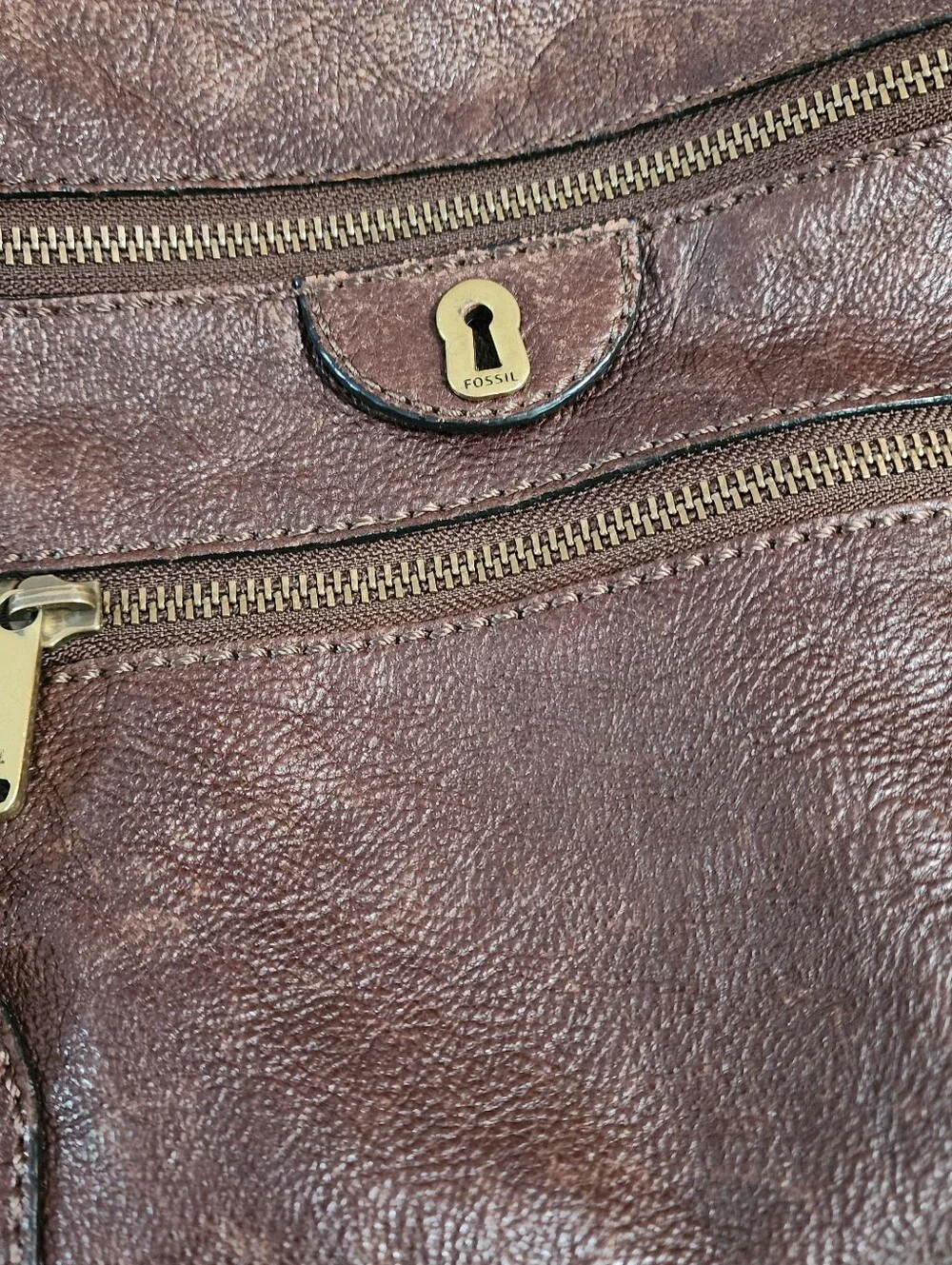 Fossil Brown Leather Messenger Crossbody Satchel Pebbled Multi Pocket Bag Y2K Lg